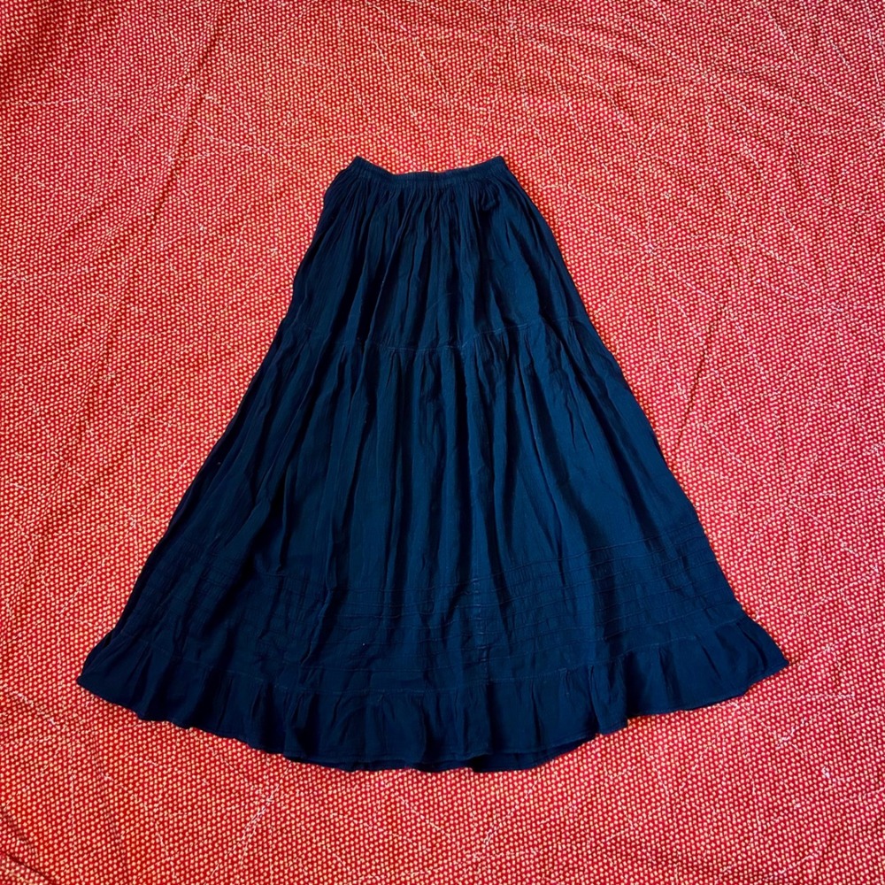 Vintage 90s Black Cotton Gauze Tiered Maxi Skirt Prairie Boho Coquette Twee
